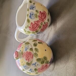 Tabletops Unlimited Hand-Painted Floral Creamer and Sugar Set - Pink Rose Design